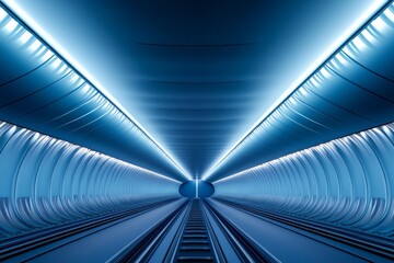 Modern underground tunnel showcasing blue lighting and sleek design in a futuristic city environment