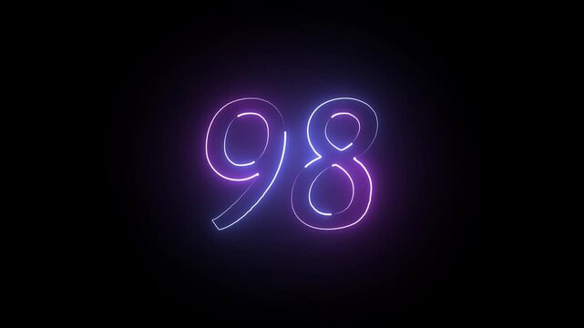 Abstract glowing neon text 98 number countdown icon. Educational mathematics 98 animation on black background.