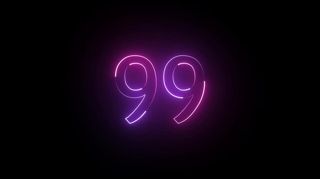 Abstract glowing neon text 99 number countdown icon. Educational mathematics 99 animation on black background.