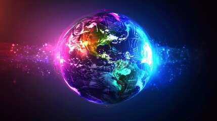 A vibrant, digital globe with a colorful outline against a dark background.