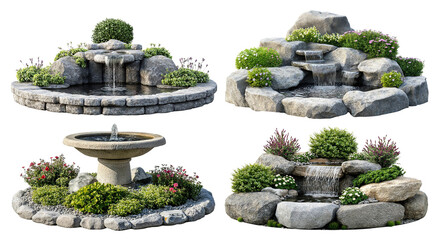 Set of stone water fountains surrounded by green shrubs and flowers, isolated on transparent cutout background