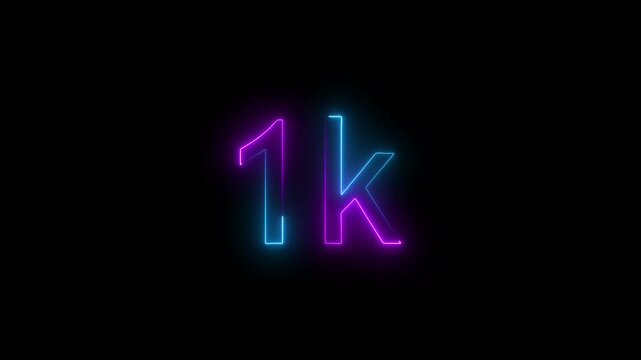 glowing neon 1K text animation on black background. 1k Followers Celebration text animation.