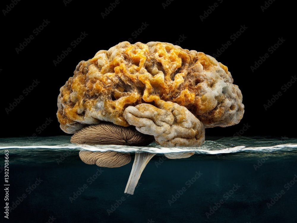 Poster aging human brain with intricate wrinkles and deep textures floating in dark space symbolizing neuro