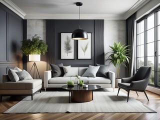 Fototapeta premium Modern Minimalist Black & White Living Room Interior Design - Elegant Furniture & Soft Textures