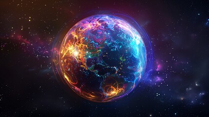 Fototapeta premium A digital rendering of the earth with glowing lines and a blue halo.