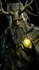 Obraz premium A mystical, bearded character with antler-like branches emerging from his head holds a glowing green lamp in his hand. The atmosphere is dark and magical, suggestive of an enchanted forest