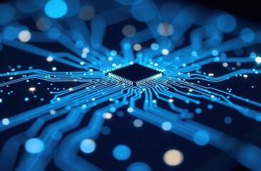 Close-up of electric circuit on microchip with blue glowing connections
