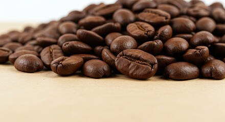 Aromatic coffee beans cascading onto a textured surface, evoking warmth and freshness