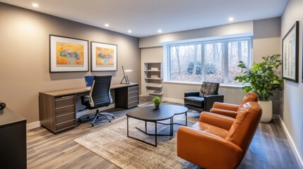 Modern home office with gray walls, hardwood floors, large window, comfortable seating area, and desk.