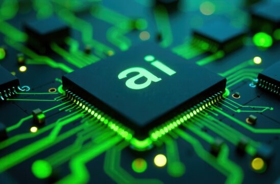 Close-up of ai microchip with glowing green circuits on a circuit board