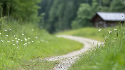 A grassy field with a path running through it from aerial view
