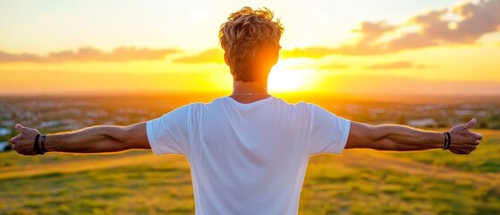 Man standing in open field at golden sunset with arms wide open symbolizing freedom confidence new beginnings and limitless potential in life
