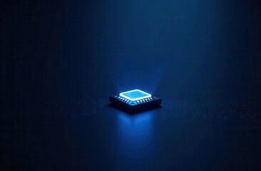 Glowing microchip on dark surface with blue lighting
