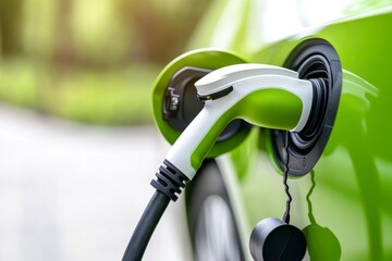 Electric vehicle charging at a public station in a green landscape during daylight hours