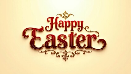 Festive Happy Easter message with ornate red and gold lettering against a cream background, conveying seasonal joy and celebration.
