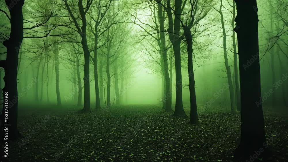 Poster mysterious fog envelops a dense forest creating an ethereal green atmosphere during early morning ho