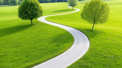 A grassy field with a path running through it from aerial view