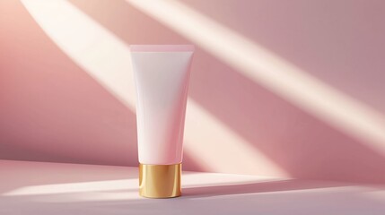 Luxurious body lotion in a matte white tube with a gold cap, showcasing the light pink emulsion inside, for a minimalist, hyper-realistic, clean cosmetic aesthetic
