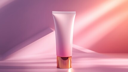 Luxurious body lotion in a matte white tube with a gold cap, showcasing the light pink emulsion inside, for a minimalist, hyper-realistic, clean cosmetic aesthetic