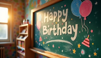 Festive Birthday Celebration Artwork on a Green Chalkboard in a Cozy Classroom with Cheerful Decorations and Educational Atmosphere Creating a Joyful Learning Environment