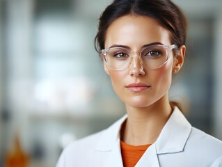 Fototapeta premium Confident female scientist in laboratory wearing protective glasses professional researcher working on advanced scientific study and medical innovations