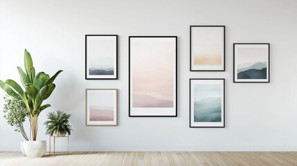 Several framed posters hang evenly spaced on a white wall in soft lighting