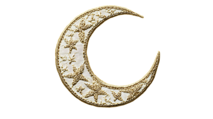 Crescent moon with stars, gold and white design