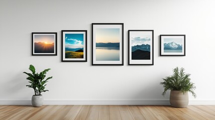 Several framed posters hang evenly spaced on a white wall in soft lighting