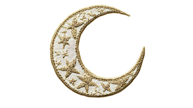 Crescent moon with stars, gold and white design