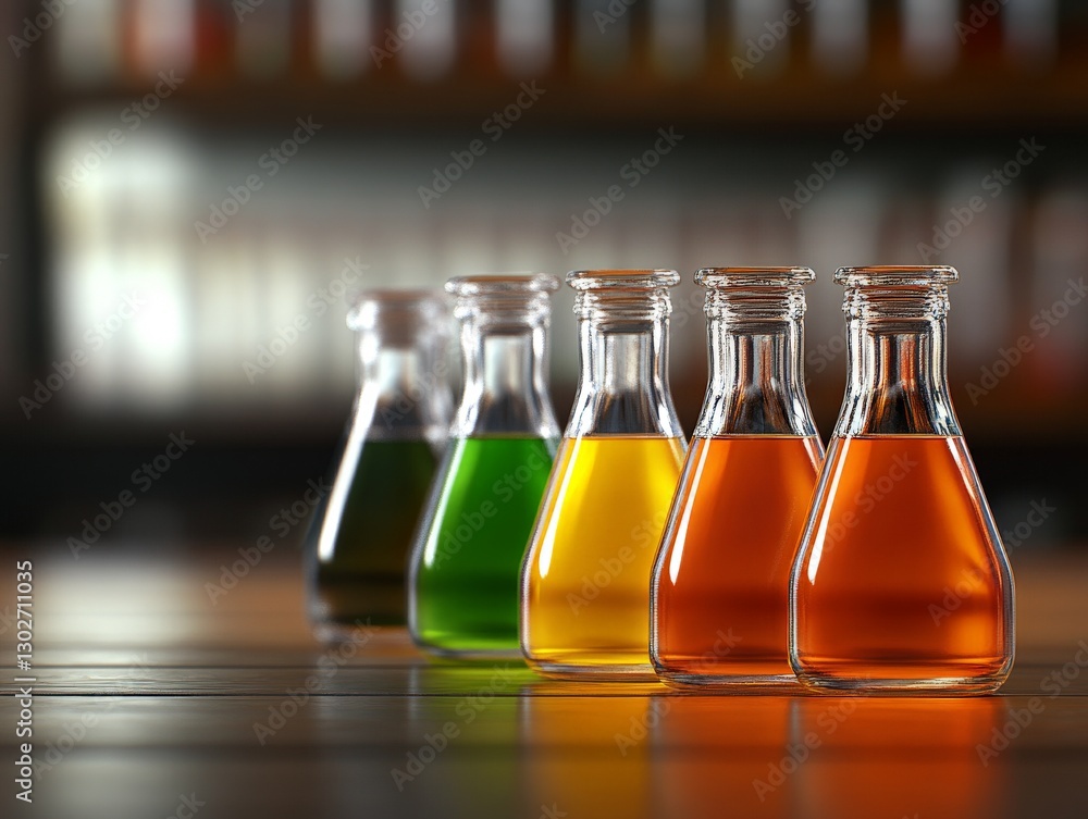 Poster glass bottles with colorful liquids arranged in a row on a reflective laboratory table under soft li