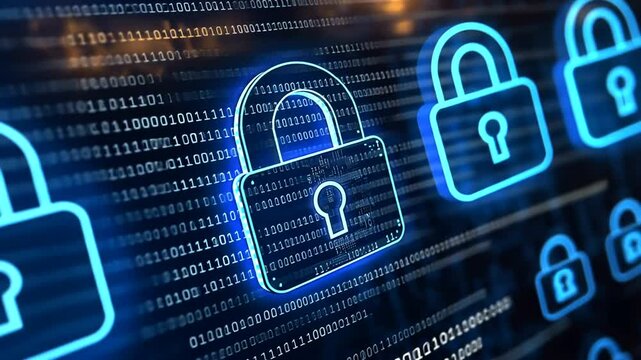 Digital security concept with glowing padlocks and binary code background