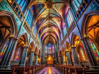 Fototapeta premium Moody Illuminated Neo-Gothic Cathedral Interior: Intricate Architecture & Stained Glass Stock Photo