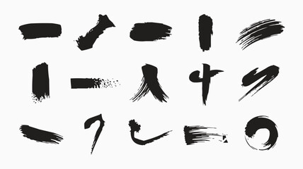 High-Resolution Digital Illustration of Unique Black Paintbrush Strokes in a Grid Layout with Varying Textures and Artistic Styles on a White Background