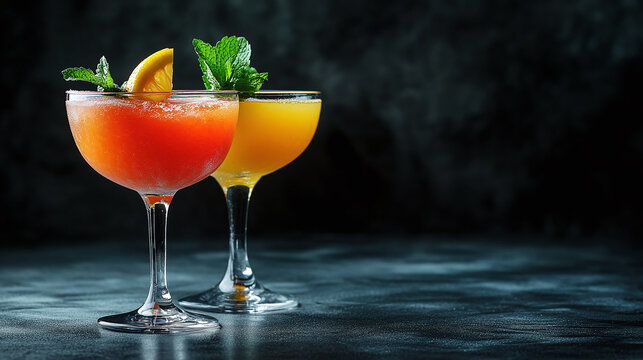 Elegant cocktails: Vibrant orange and yellow drinks with mint garnish, perfect for happy hour or a special celebration against a dark backdrop.