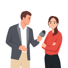 Journalist in a suit holds a microphone towards a sad woman in a red sweater with crossed arms. Flat vector illustration isolated on white background