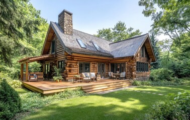 A rustic log cabin nestled in a garden, featuring wooden cladding and a gable roof in a natural wood color. 
