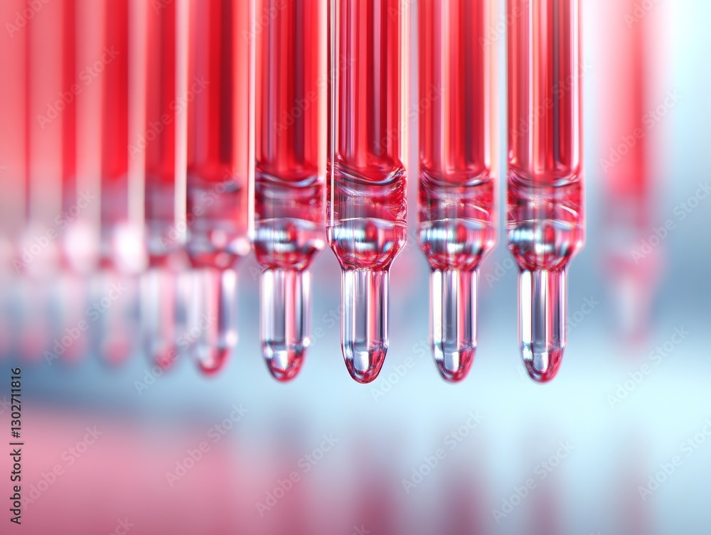 Poster laboratory pipettes with red liquid in controlled setting modern biotechnology experiment high preci