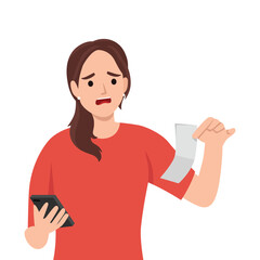 Woman looks at a receipt while holding a smartphone, calculating expenses unexpected charge. Flat vector illustration isolated on white background