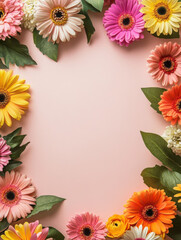 Obraz premium A light pink background with colorful flowers on the edges, a beige color, high resolution, professional photograph. The flowers have yellow and green leaves,