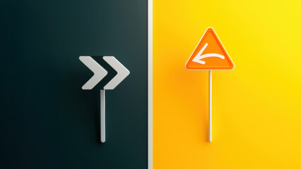 Road work asphalt detours concept. Two directional road signs, one indicating a right turn and the other warning of a turn ahead, set against contrasting dark and bright backgrounds.