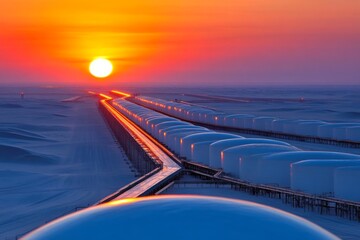 Sunset over vast oil storage tanks along a pipeline in arid landscape