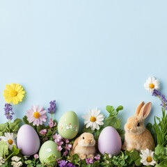 A long horizontal background image of Easter decoration with eggs and bunnies