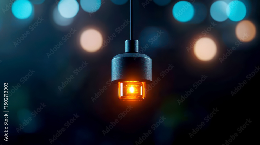 Poster renewable energy storage grid management concept. a stylish pendant light emits a warm glow against 
