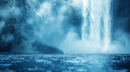 Naklejka premium A misty waterfall in a deep blue and grey landscape.