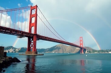 Naklejka premium Golden gate bridge with stunning double rainbow over san francisco bay