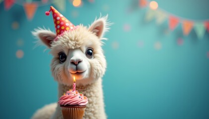 Adorable Llama Celebrates a Birthday with a Festive Hat and Delicious Cupcake, creating a joyful and whimsical atmosphere for festive holiday greetings or invitations