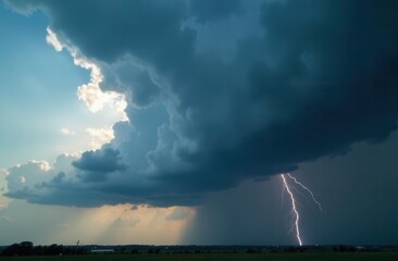 Dramatic thunderstorm with lightning bolt striking over open landscape