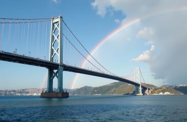 Scenic rainbow over bay area suspension bridge under clear blue sky