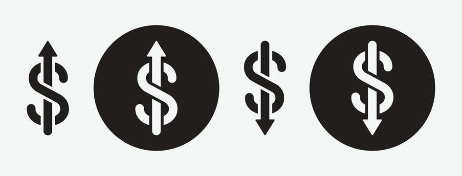 Set of vector dollar icons with arrows pointing up and down isolated. Dollar increase and decrease icon symbol. Public information symbol used for apps, web, etc. Vector illustration