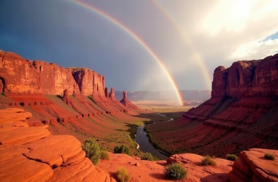 Double rainbow over monument valley red rock landscape and river scene